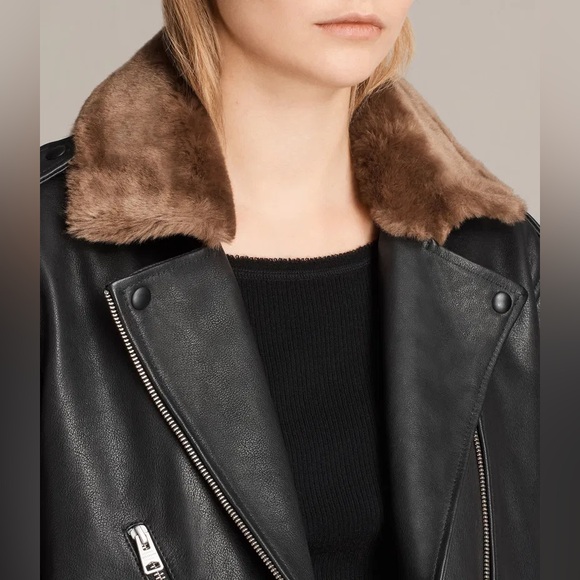SOLD // All Saints Sherwood Leather Biker Jacket w/ Faux Fur Trim Size Small - Picture 2 of 14